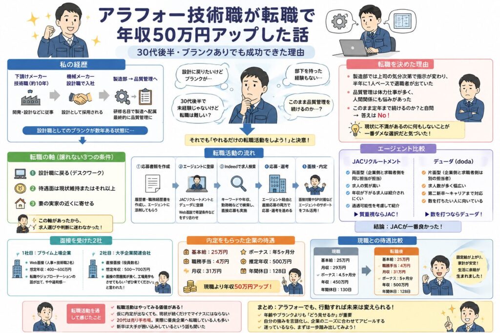 アラフォー技術職が転職で年収５０万円アップした話の要約